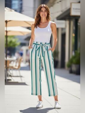 J.Crew Linen Stripe Crop Pants Tie Waist Wide Leg Teal White 12